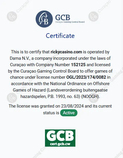 Rickycasino Curacao GCB Certificate